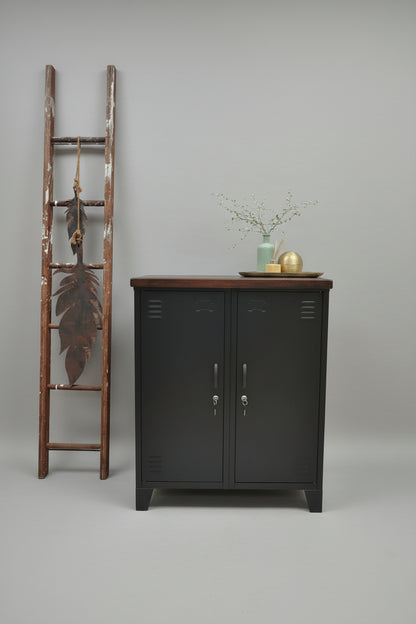 Matte Black double side cabinet with Dark stained Oak top, metal handles, and two adjustable shelves in each side