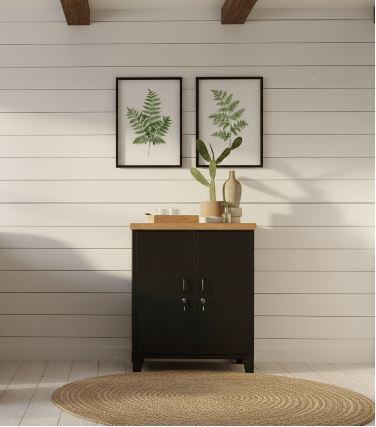 Black double side cabinet with oak top locks and 2 handles, a potted plant on top of the cabinet.