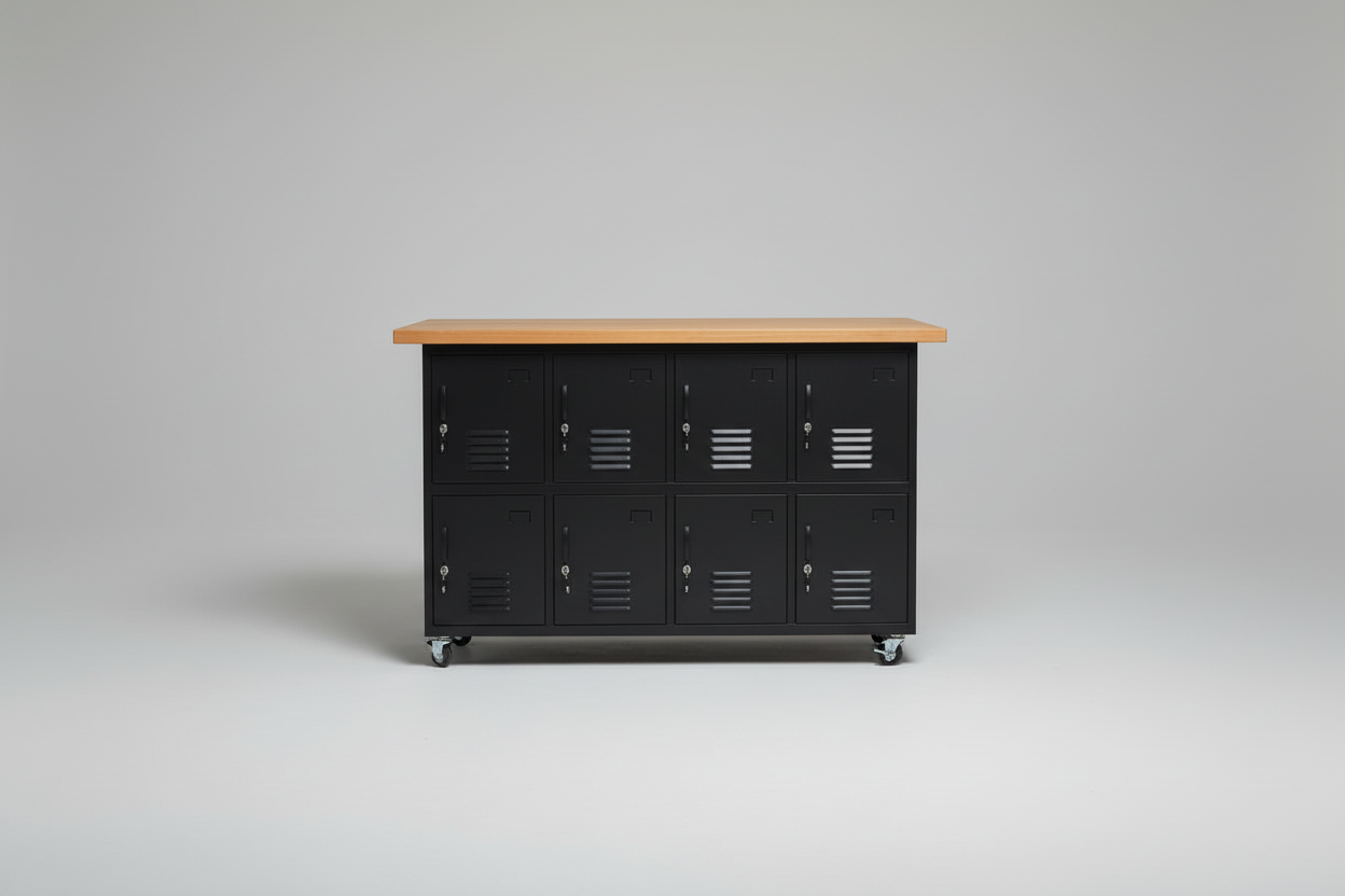 Black industrial-style kitchen Island with Oak wooden top and 8 doors
