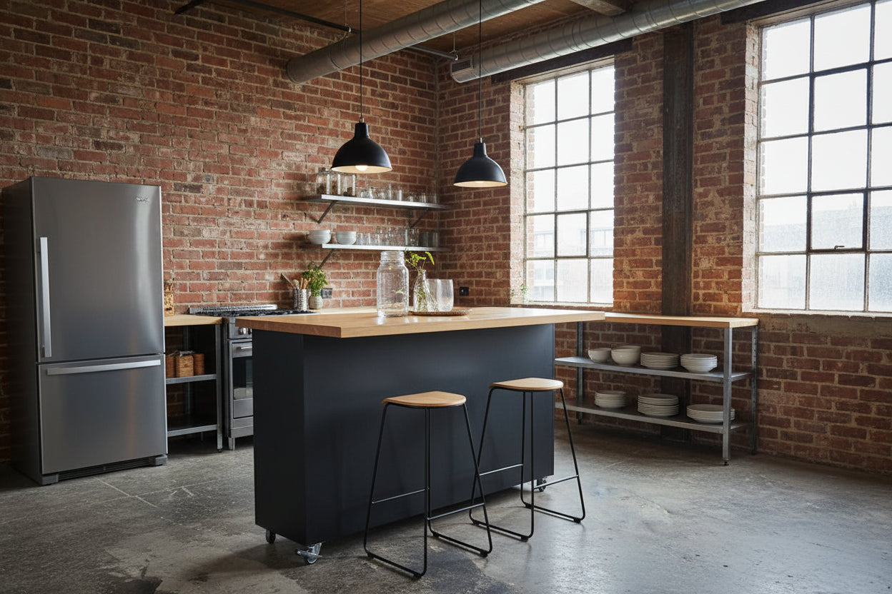 Black industrial-style kitchen island / breakfast bar with Oak top showing the back with stools