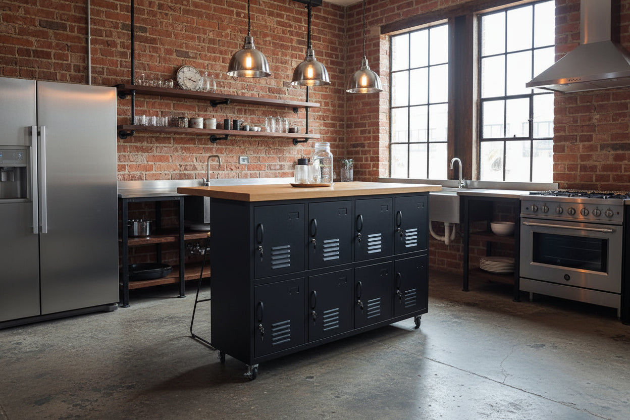 Black industrial-style kitchen island / breakfast bar with Oak top in a industrial kitchen