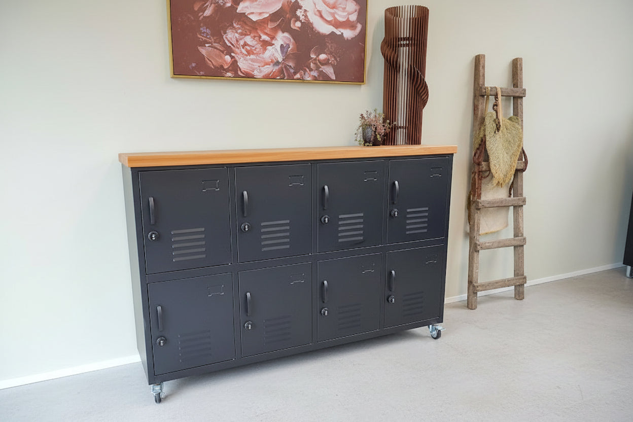 Black industrial 8 door metal locker cabinet with Rimu top and caster wheels for mobile storage