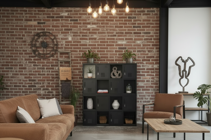 Black industrial bookshelf in Livingroom with brick wall