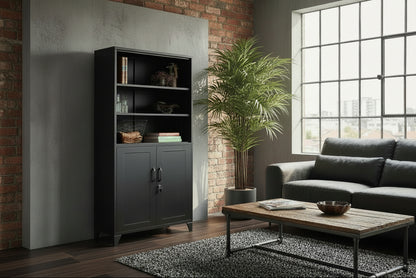 Black industrial bookshelf with lockable storage in lounge room