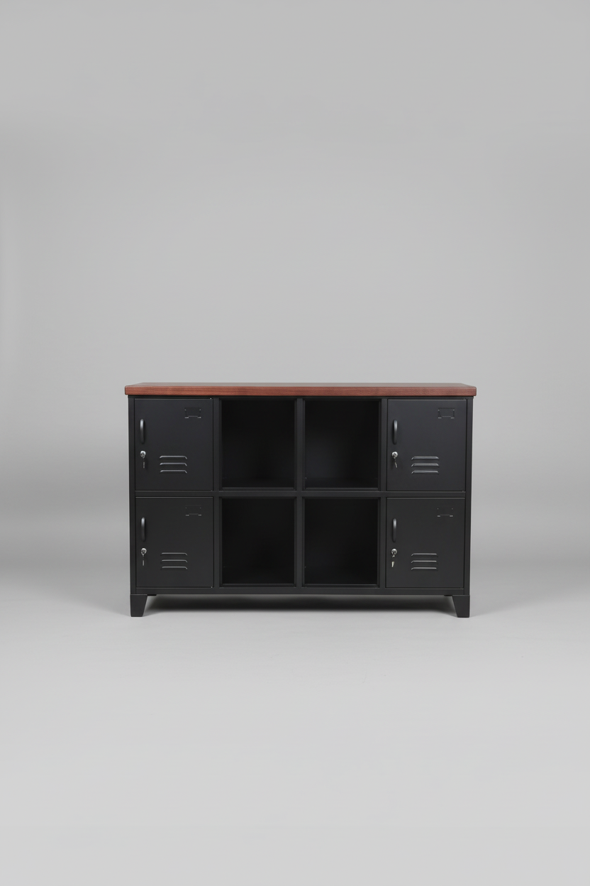 Black industrial locker-style cabinet with display middle with wooden top in a room with plants and white wall.