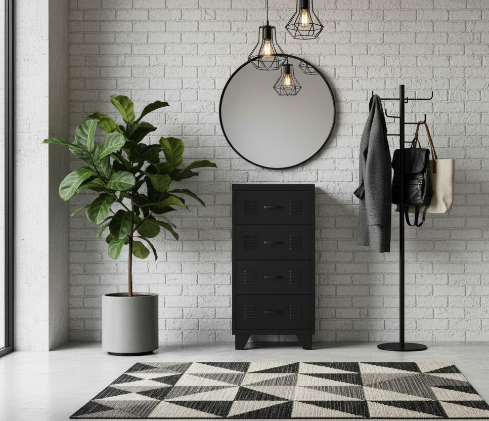 Black metal 4 drawer locker-style cabinet in an entryway