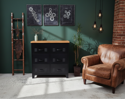 Black industrial metal 6 drawer set with Rimu top in an industrial loungeroom