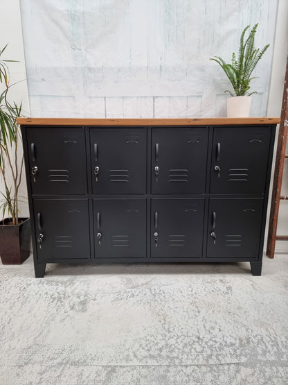 Black industrial metal 8 door locker with Rimu top
