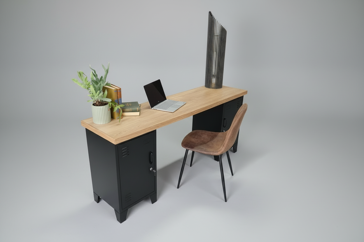 Black industrial metal desk with oak top in studio shot