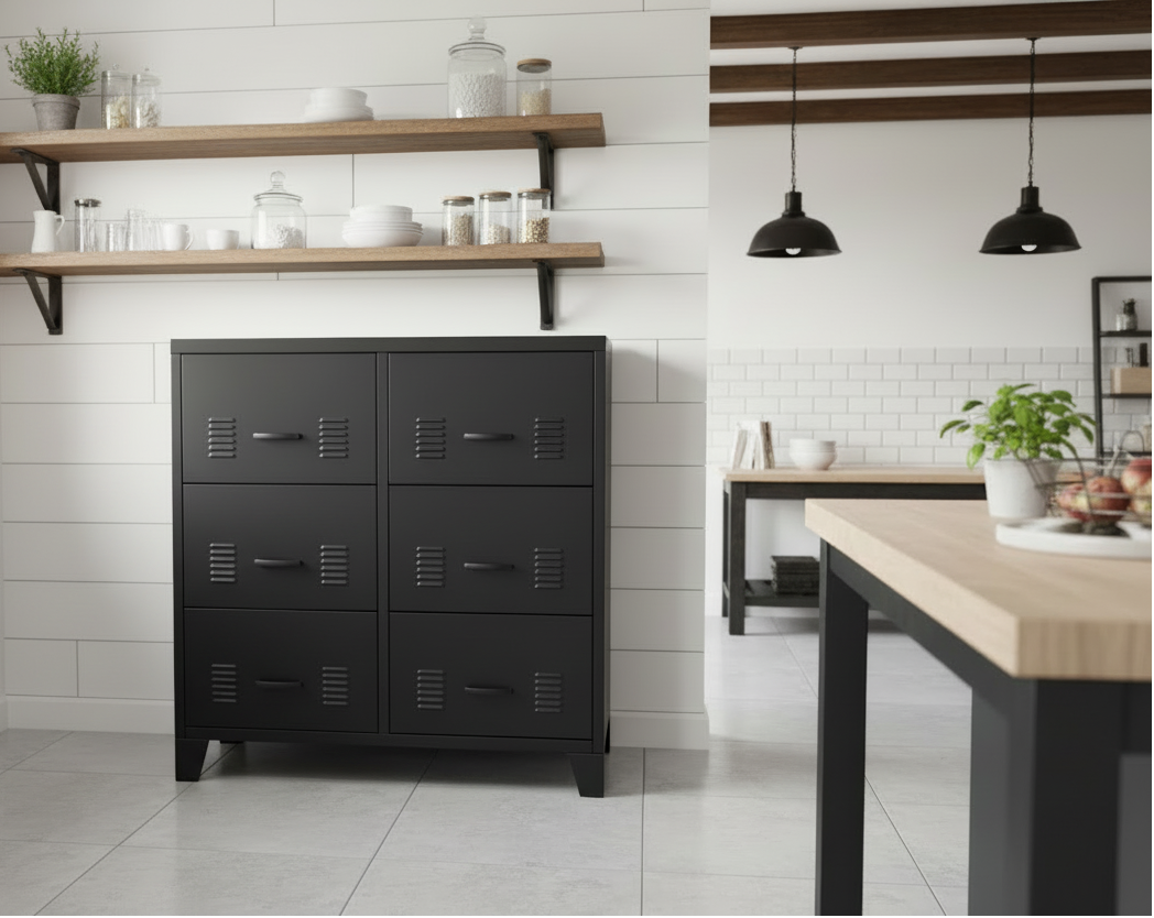 Black industrial metal drawers with six drawers in a kitchen