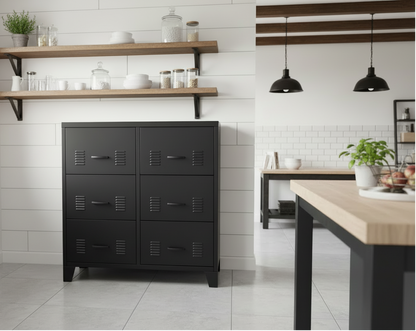 Black industrial metal drawers with six drawers in a kitchen