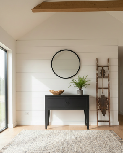 Black industrial metal hall tale with storage