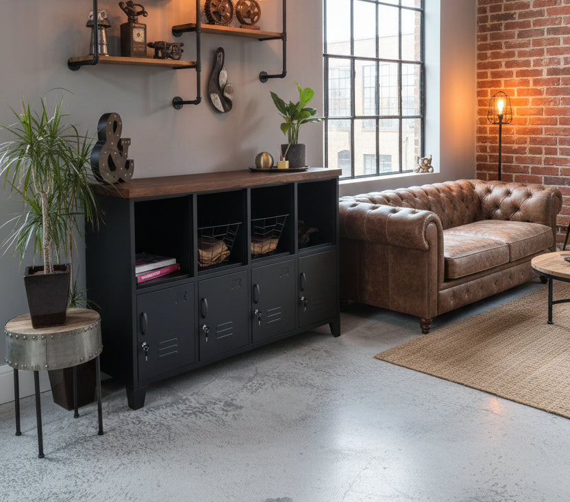 Black industrial metal locker-style cabinet with dark Oak top open display shelves and lockable storage