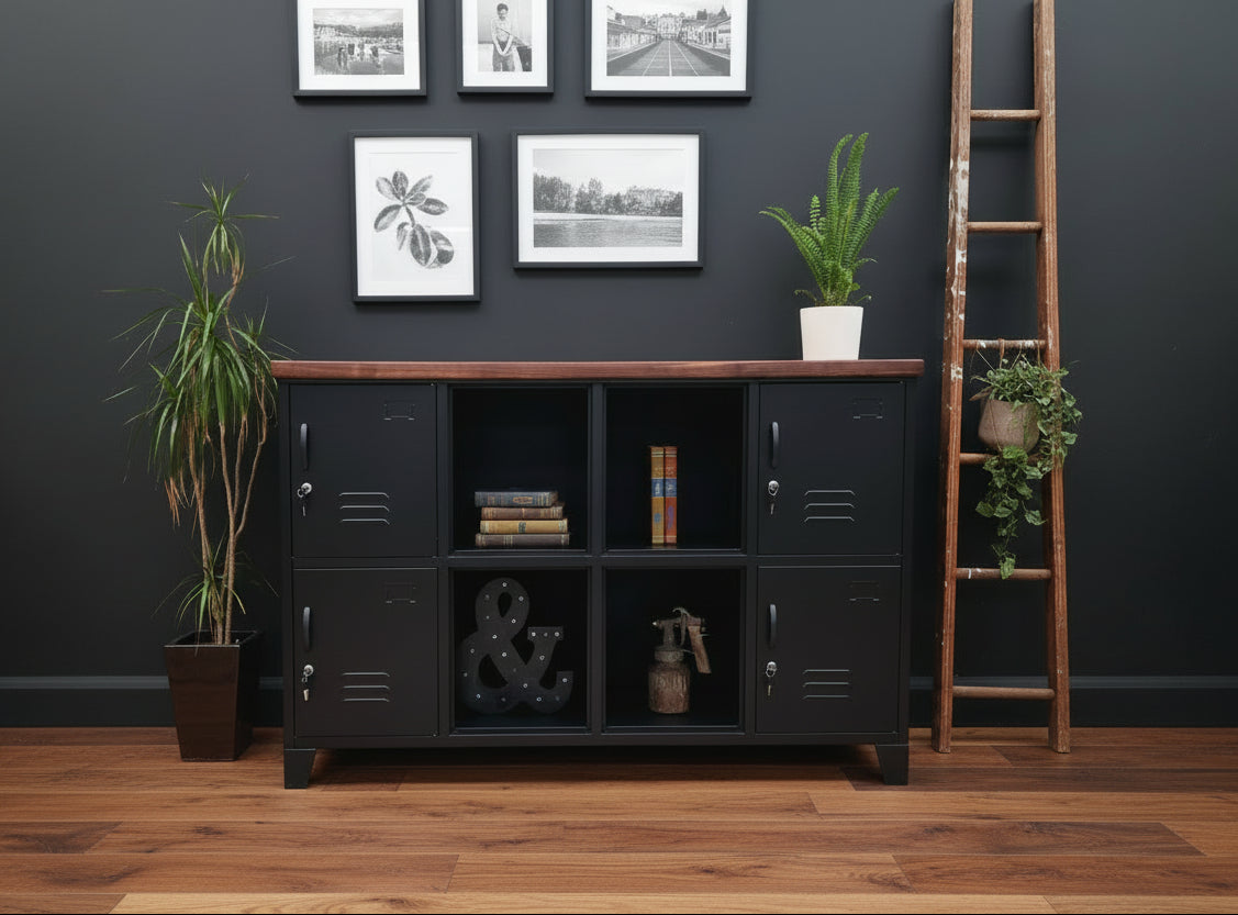 Black industrial metal sideboard with dark rimu top and open display shelves.