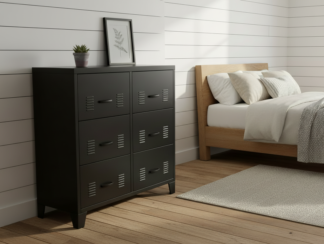 Black industrial metal tallboy with six drawers against a light gray wall.