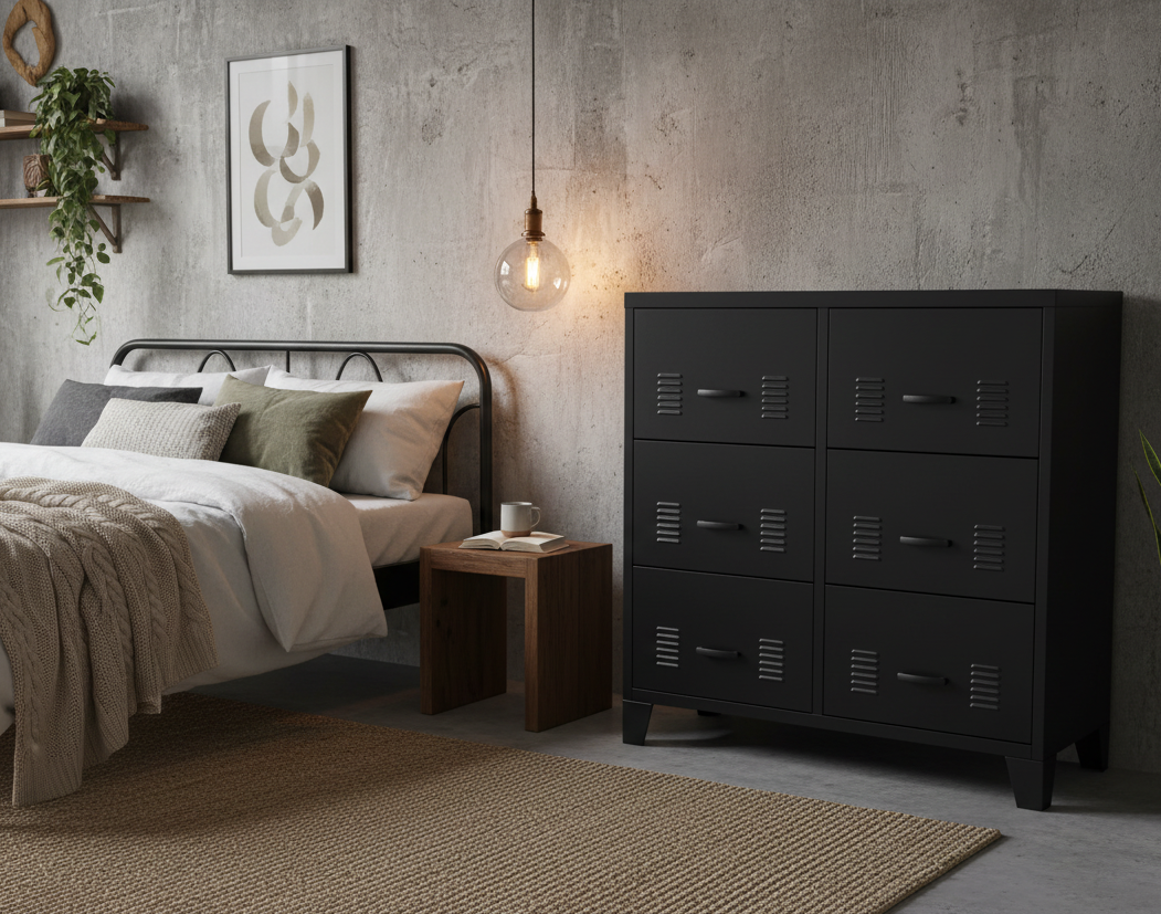 Black industrial metal tallboy with six drawers against a light gray wall.
