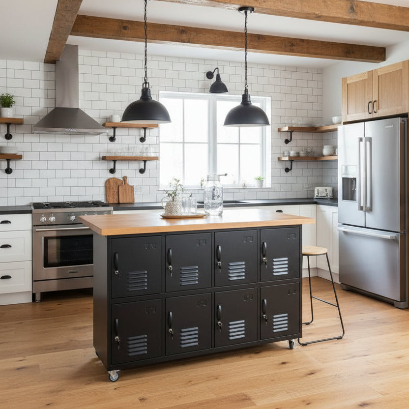Black locker-style kitchen Island on caster wheels with a Oak top in an kitchen