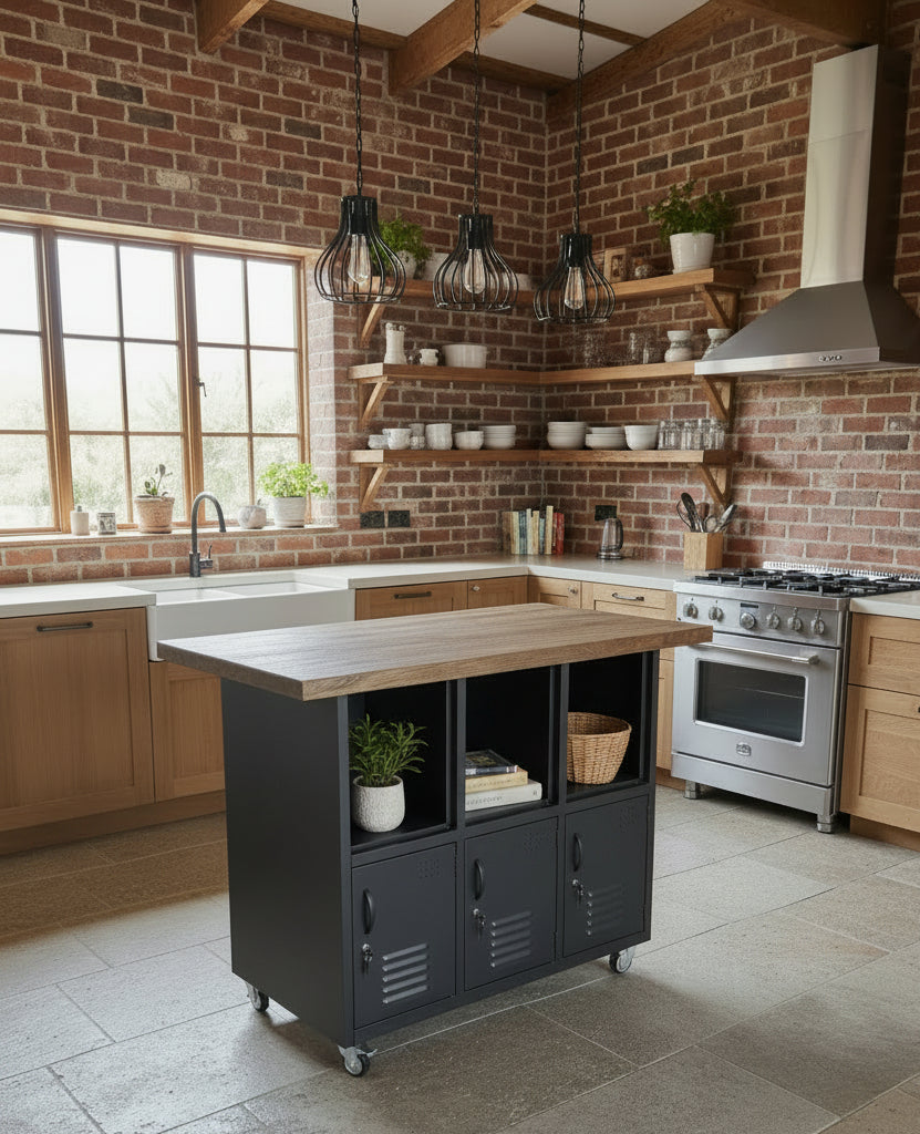 Black locker Island with Rustic Oak top set in a rustic farmhouse kitchen