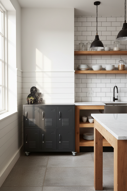 Modern kitchen with Black locker on wheels for extra storage