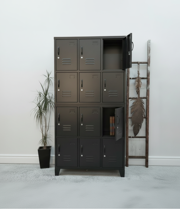 Black metal 12 Door locker cabinet with open doors on a light gray floor and white wall background