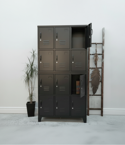 Black metal 12 Door locker cabinet with open doors on a light gray floor and white wall background
