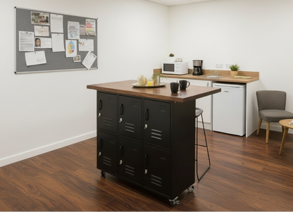 Black metal 6 Door locker with dark Oak island top, set in staff room
