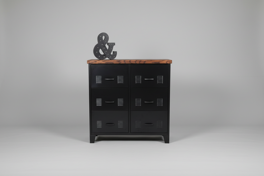 Black metal 6 drawer tallboy with Dark Oak top