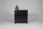 Black metal 6 drawer tallboy with Dark Oak top