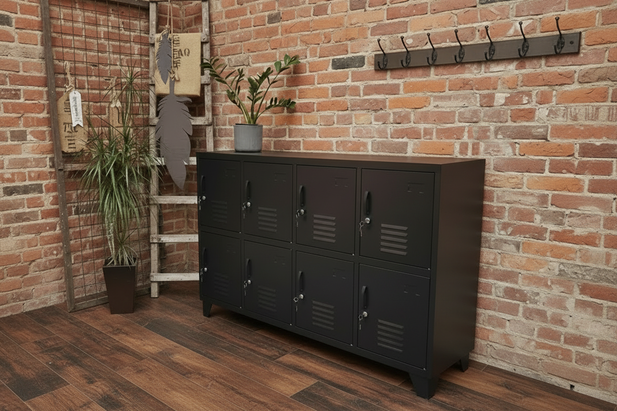 Black metal 8 door locker against brick wall