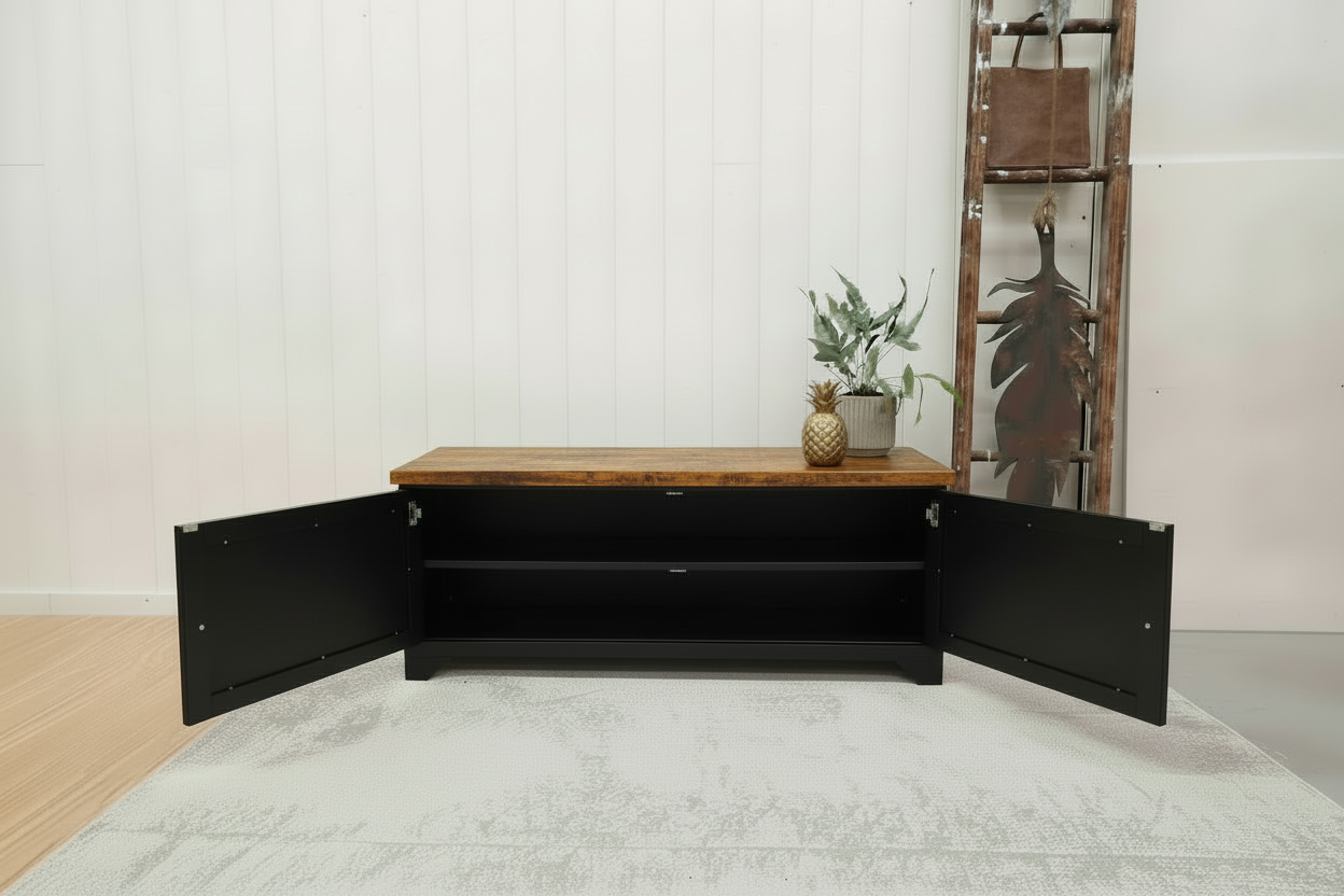 Black metal TV cabinet with no shelf in storage, rustic Oak top