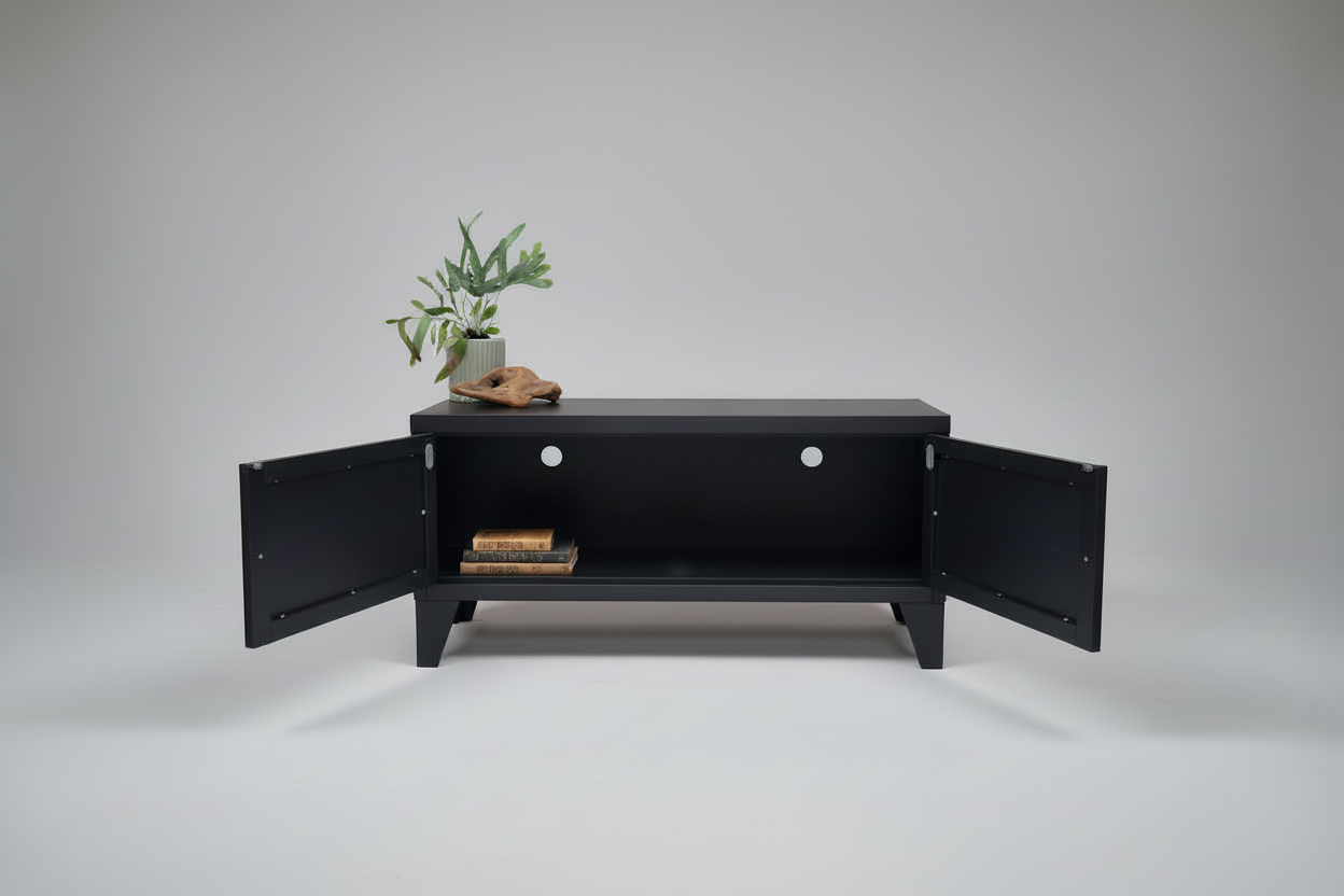 Black metal TV cabinet with open doors showing inside with cable holes