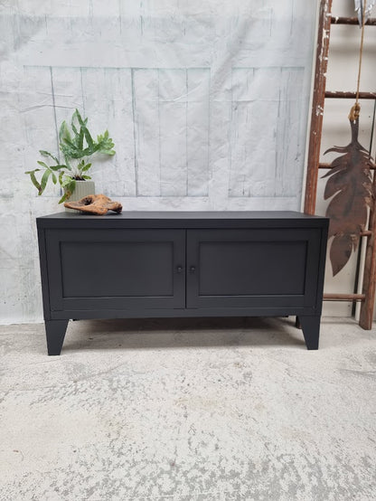 Black metal TV cabinet with two paneled doors on a textured floor with a plant in the background