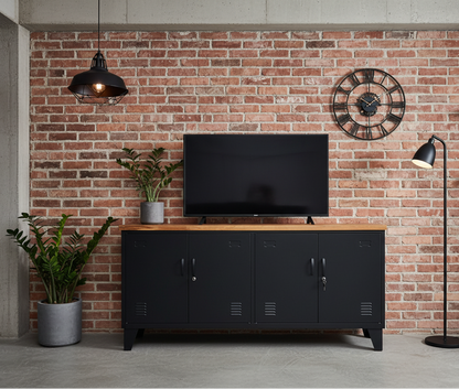 Black metal TV cabinet with storage and a rimu top a TV on top against a brick wall, with decorative elements like plants and a clock.