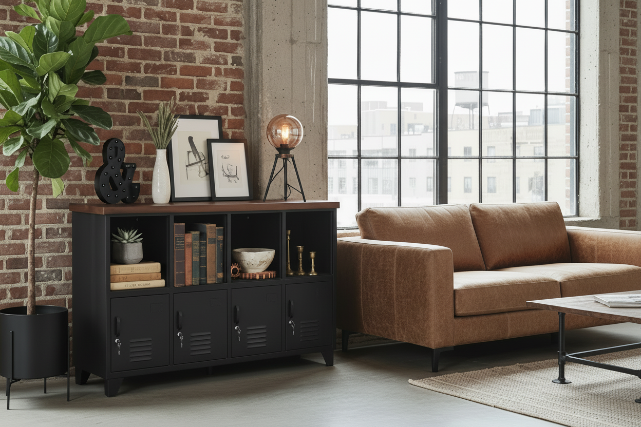 Black metal and wood Open display metal shelves