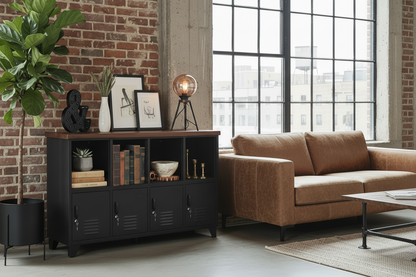 Black metal and wood Open display metal shelves