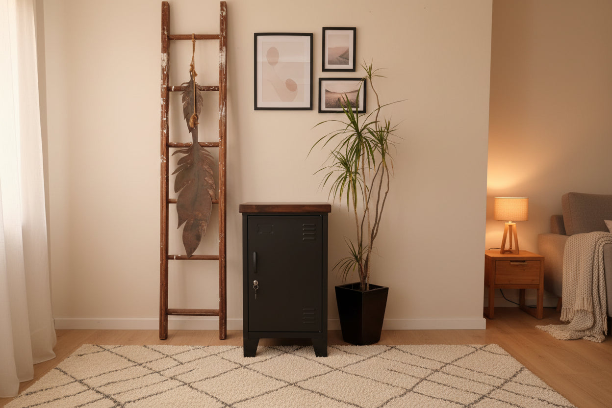 Black metal cabinet with wood top set in a cozy room 