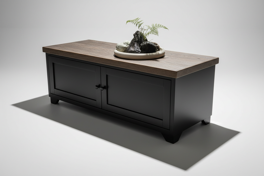 Black metal coffee table with storage,  rustic dark Oak top