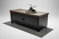 Black metal coffee table with storage,  rustic dark Oak top