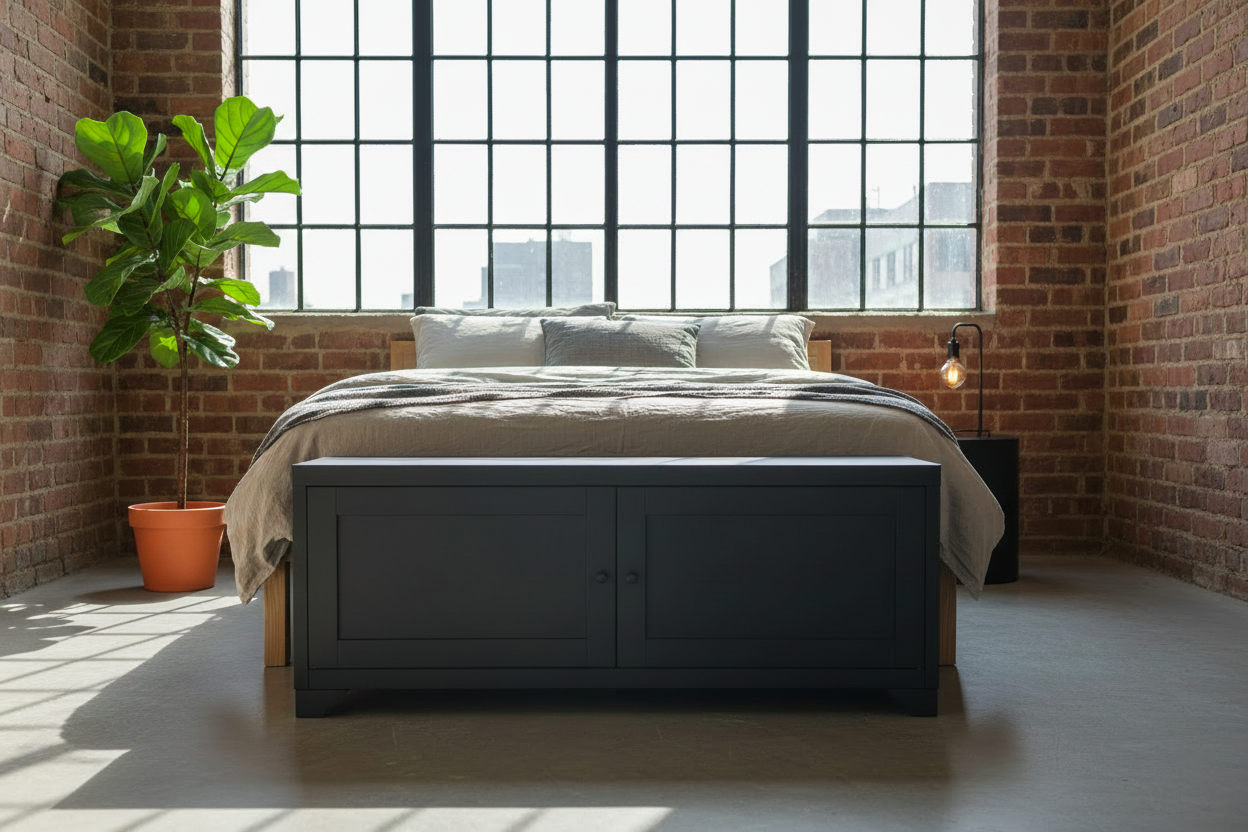 Black metal coffee table with panel doors. Set at the end of bed, as end of bed storage