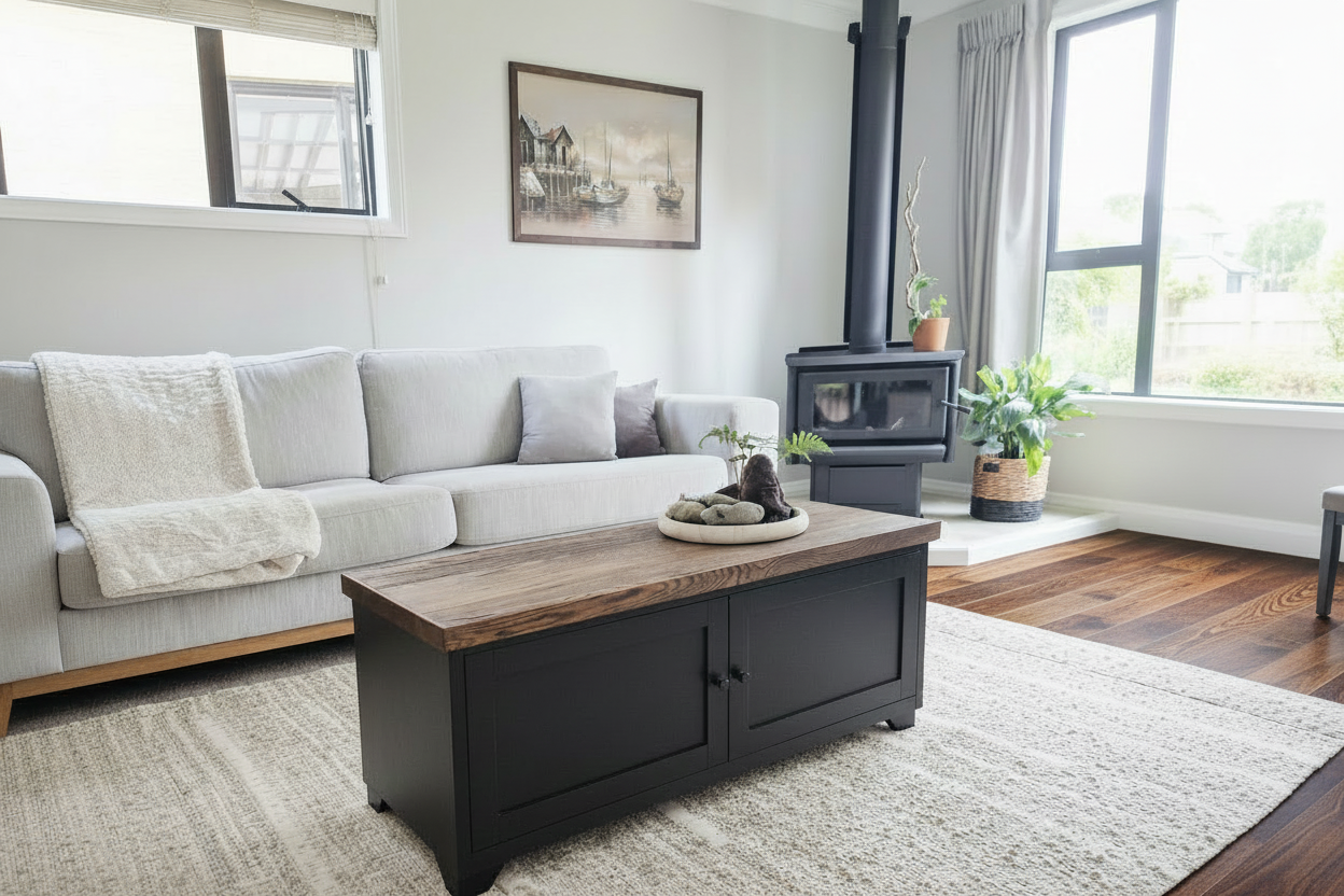 Black metal coffee table with hidden storage and rustic dark Oak top in living room