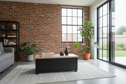 Black metal coffee table with Oak top and storage in lounge