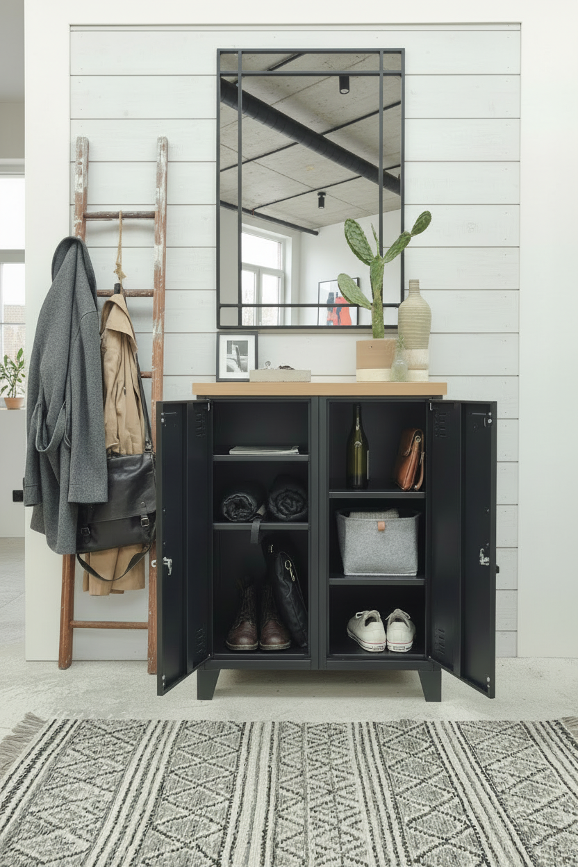 Black metal double side cabinet with Oak top with open doors showing storage for bags and shoes