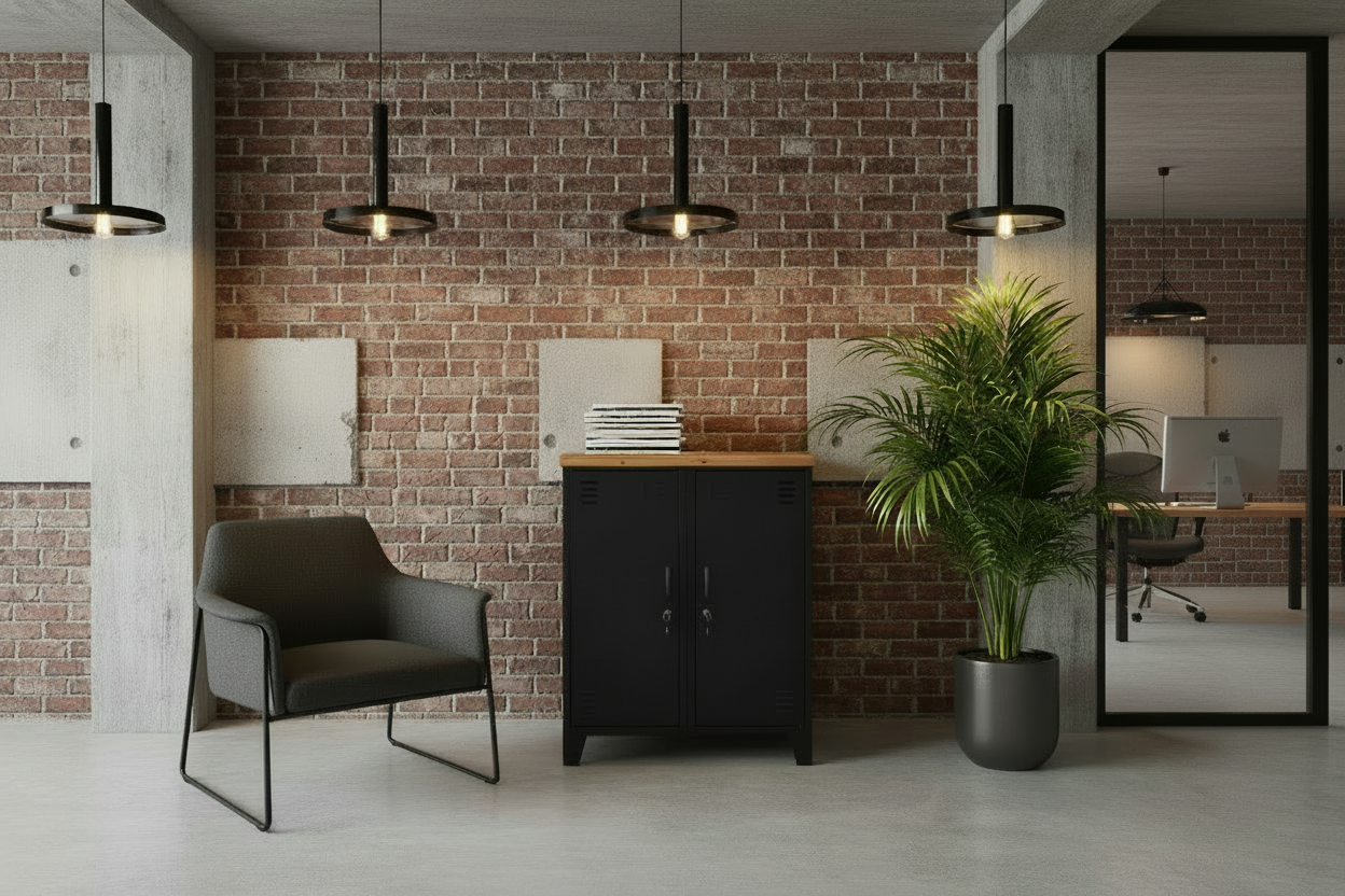 Black metal double side cabinet with a recycled Rimu top, featuring two adjustable shelves, in a waiting room of an industrial office