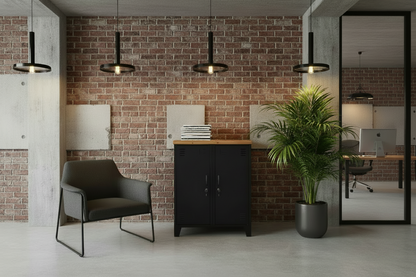 Black metal double side cabinet with a recycled Rimu top, featuring two adjustable shelves, in a waiting room of an industrial office