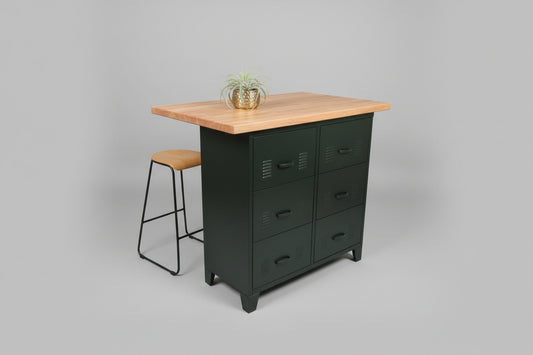 Black metal drawer with rimu Island top