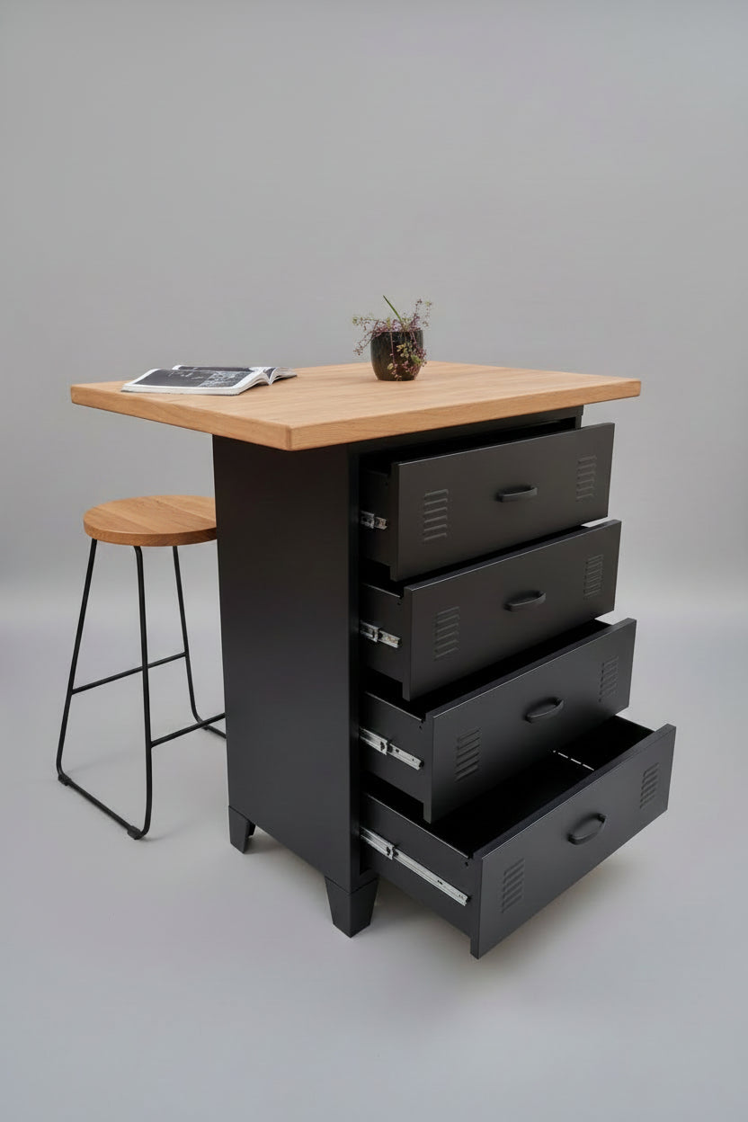 Black metal drawers with Rimu island wooden top with stools. Drawers open to show durable runners