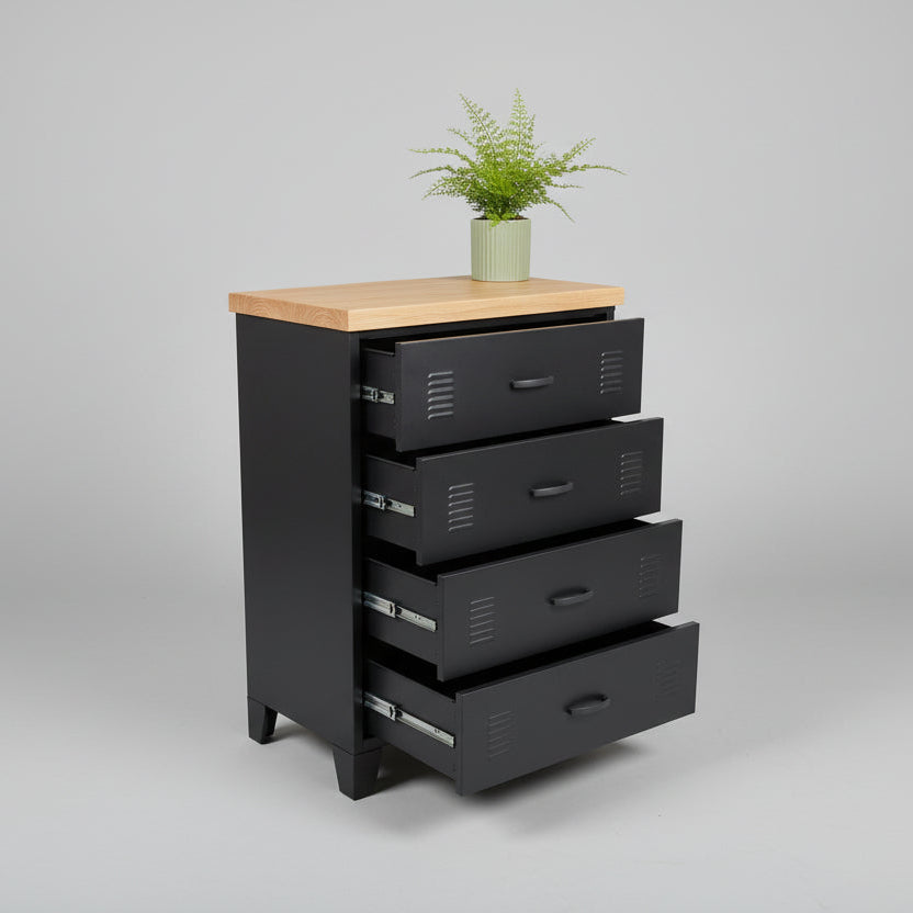 Black metal four drawer storage cabinet with Oak top