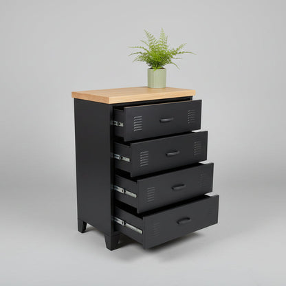 Black metal four drawer storage cabinet with Oak top