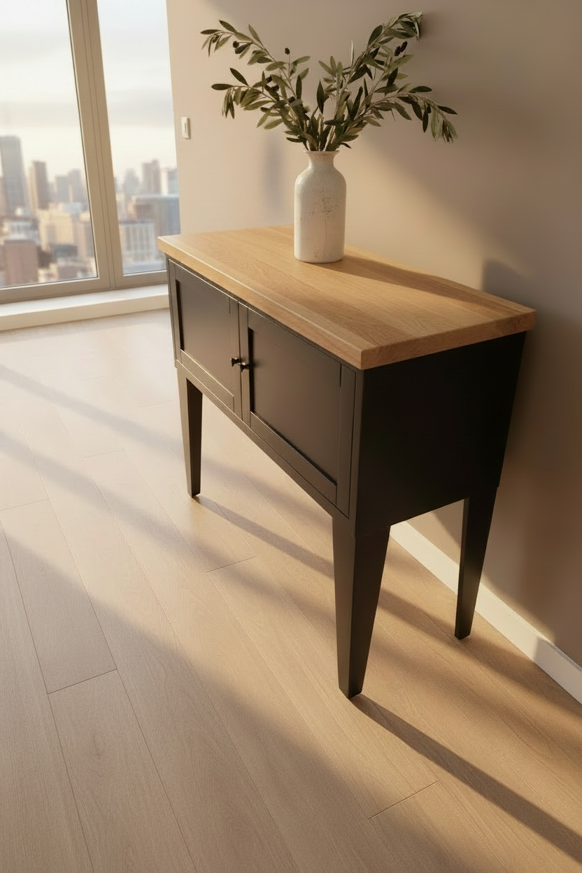 Black metal hall cabinet with storage oak top in a hallway of modern house.