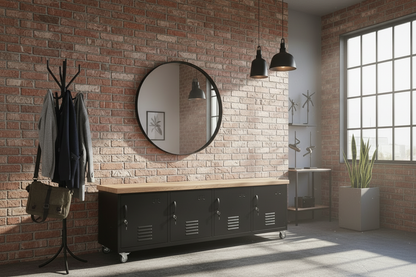Black metal industrial bench on caster wheels with storage and oak top in brick entryway